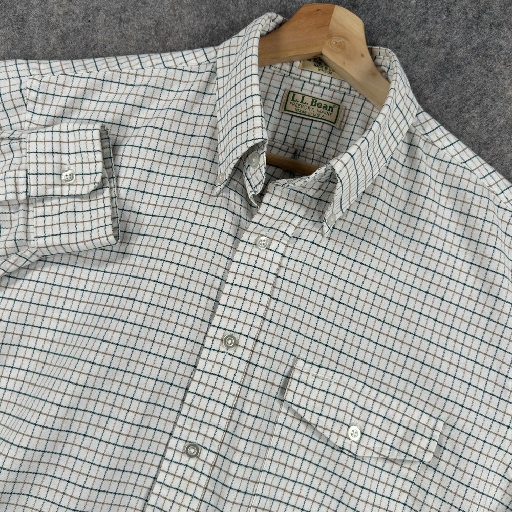 Vintage LL Bean Shirt Mens 16.5-34 White Green Plaid Button Down Made USA 90s